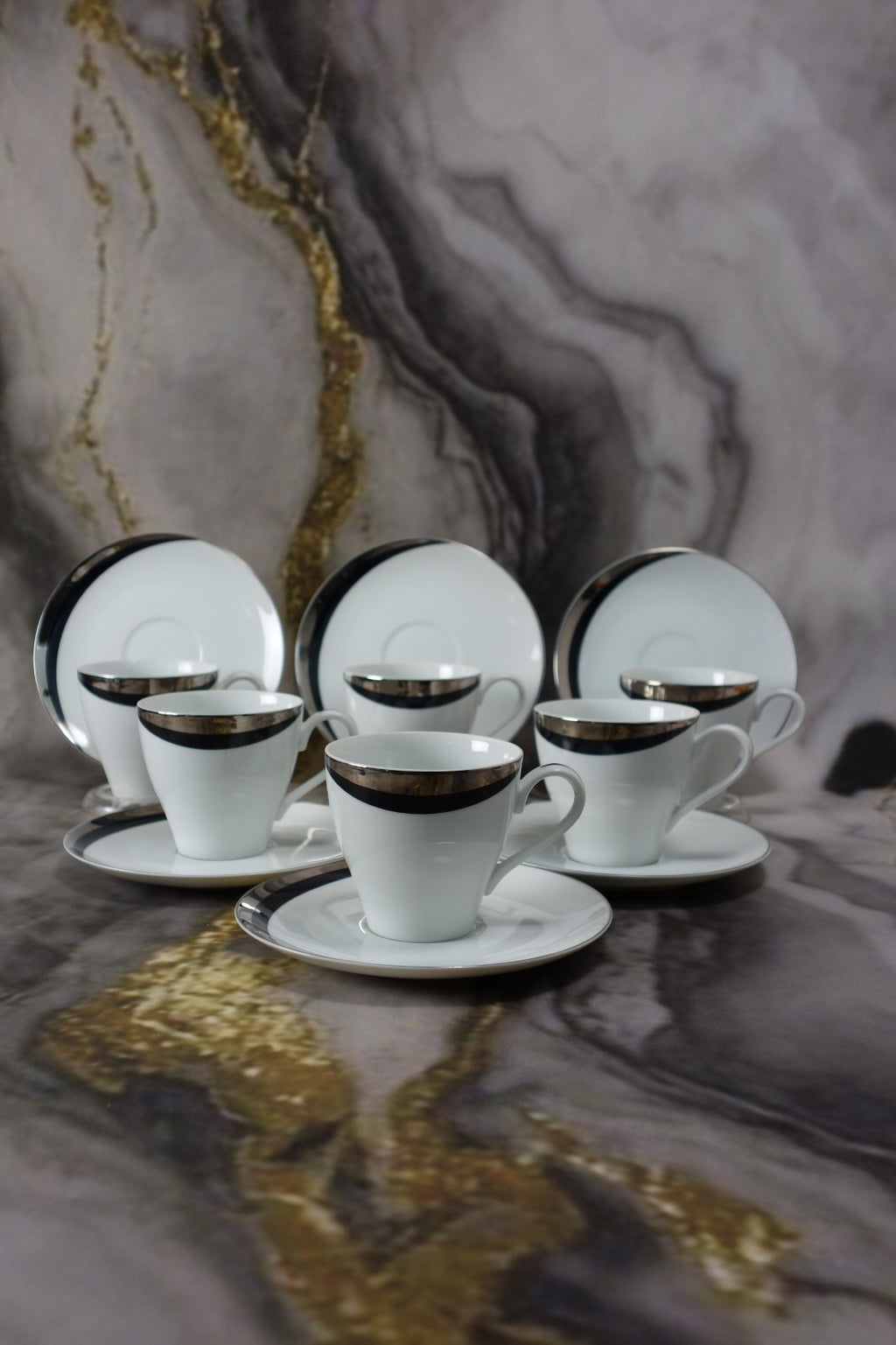 Set of 6 Cups and Saucers Mikasa Platinum Fascination Pattern Made in Japan