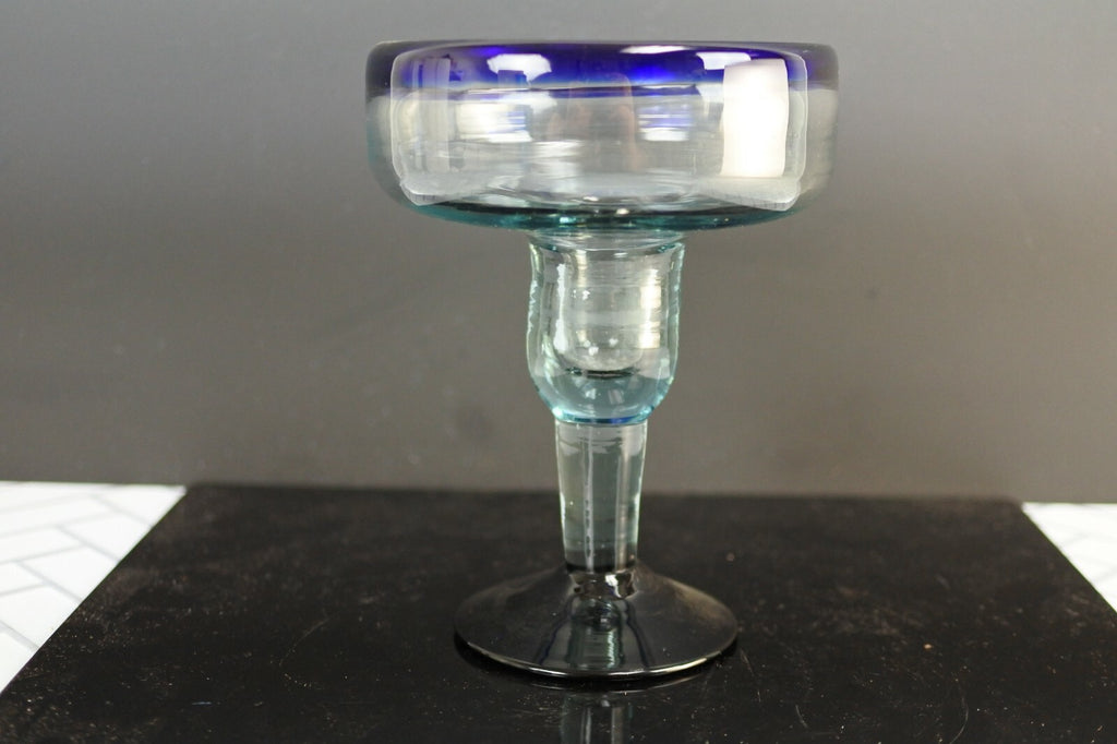 Lot Of 3 Vintage Mexican Hand Blown Cobalt Blue Rim Margarita Glasses