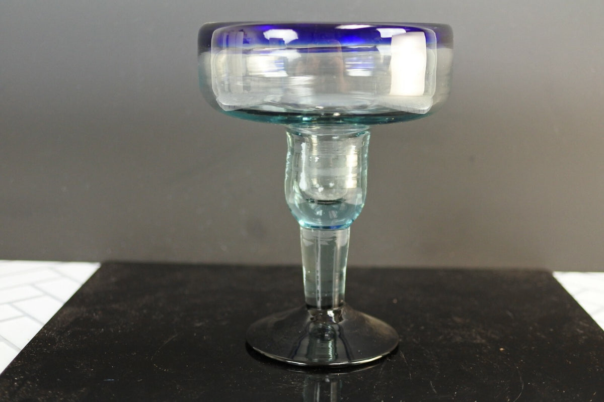 Lot Of 3 Vintage Mexican Hand Blown Cobalt Blue Rim Margarita Glasses