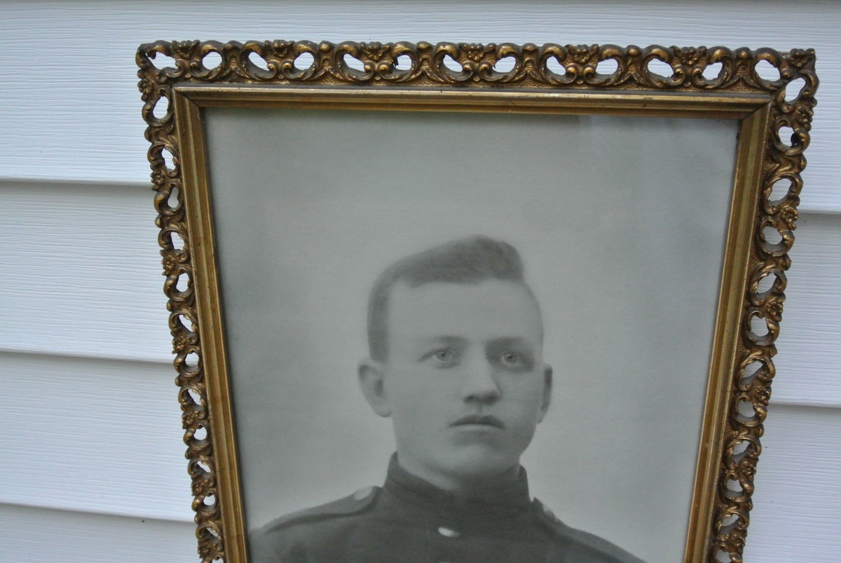 Vintage Antique Black and White Photo Print of Young Man In Meta Frame. Military