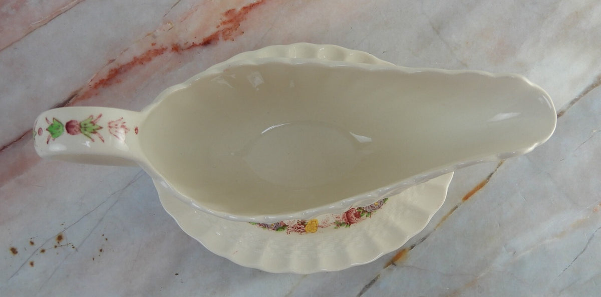 Vtg Copeland Spode "Rose Briar" Gravy Boat with Attached Underplate