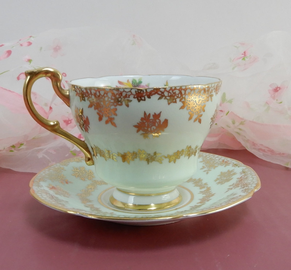 Paragon Double Warrant Mint Green Gold Filigree Tea Cup & Saucer