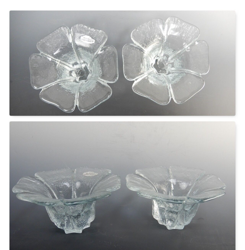Set of 2 Transparent Blenko Handcraft Glass Opaque "Flower" Votive Candle Holder