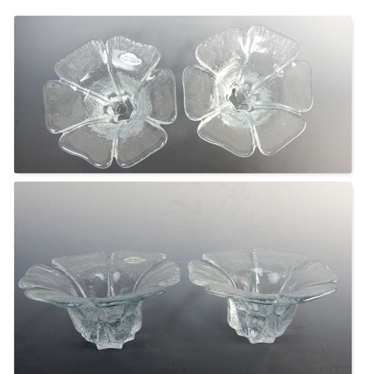 Set of 2 Transparent Blenko Handcraft Glass Opaque "Flower" Votive Candle Holder