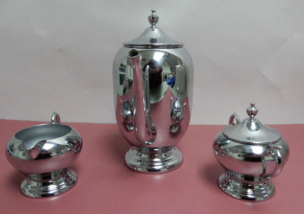 Vintage Sheridan Chrome Coffee Pot ,2 Handled Sugar Bowl w/Lid & Creamer