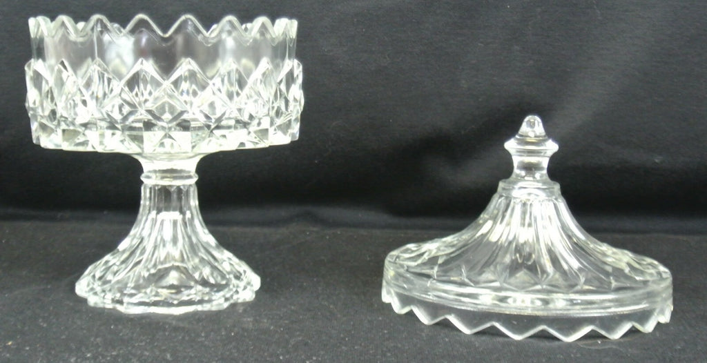Gillinder Pressed Glass Lidded Pedestal Compote Diamond Design Sawtooth