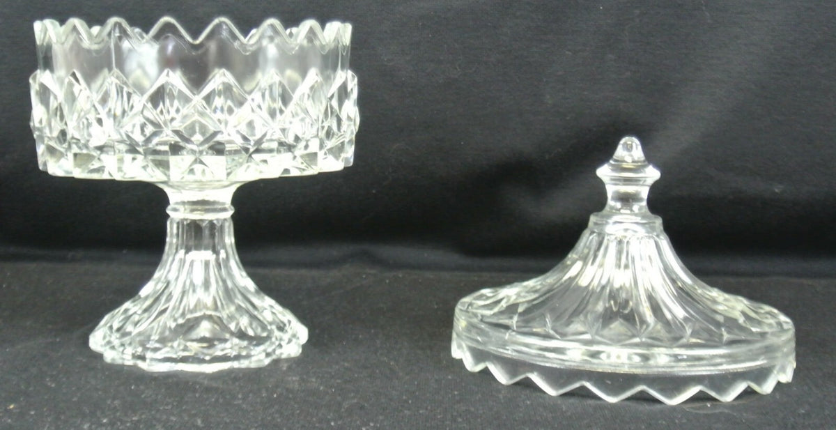 Gillinder Pressed Glass Lidded Pedestal Compote Diamond Design Sawtooth