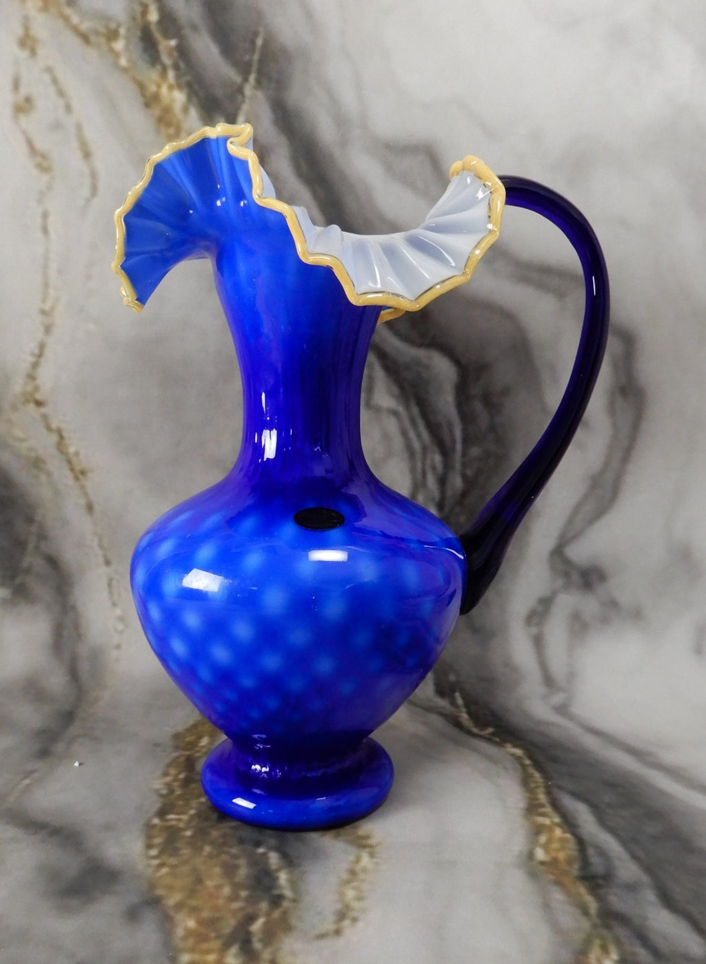 Arte Murano Kristall Mery Art Glass 13-3/4" Tall Pitcher Cobalt Blue,Yellow Rim