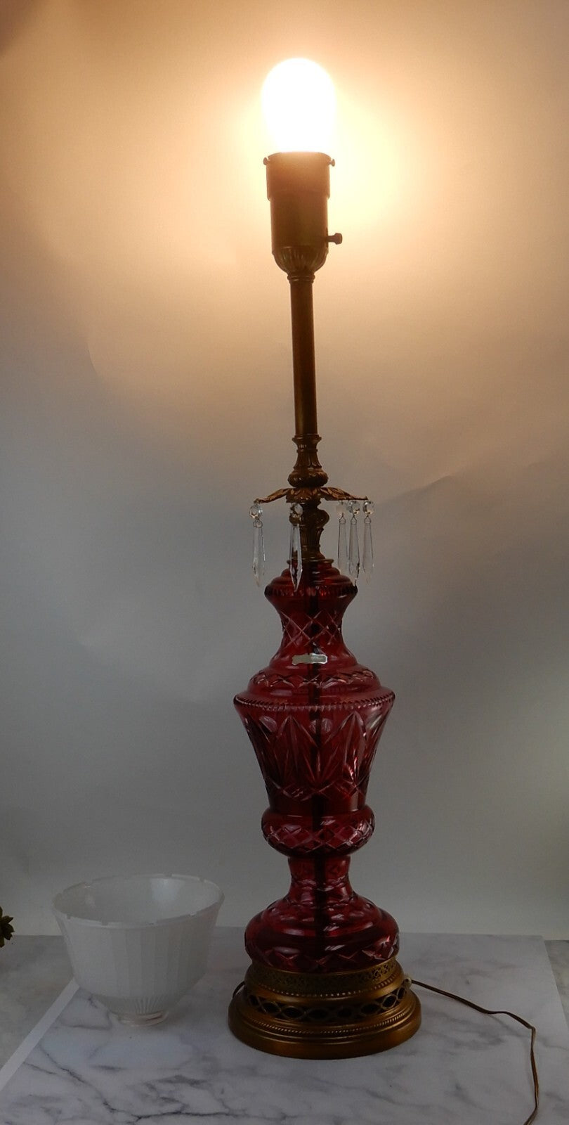 Vtge Western Germany Ruby Red Hand Cut Lead Crystal 3 Way Table Lamp 44-1/2" H