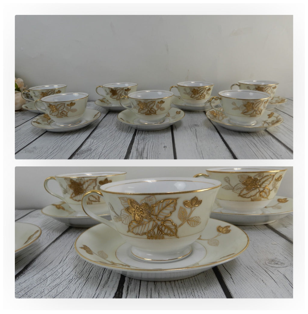 7 Gold Floral Anniversary Craftsman China Japan Cups & Sauces Set Pattern # 178