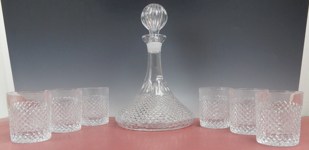(7) Vintage Glass Diamond Pattern Ships Decanter and Drinking Glass Set