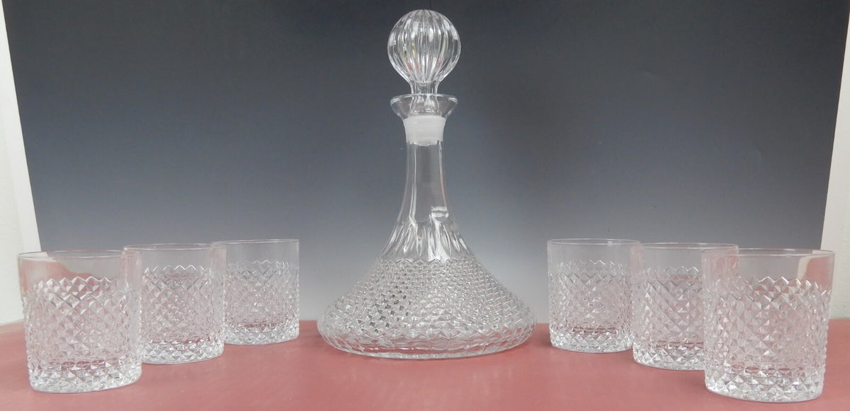 (7) Vintage Glass Diamond Pattern Ships Decanter and Drinking Glass Set
