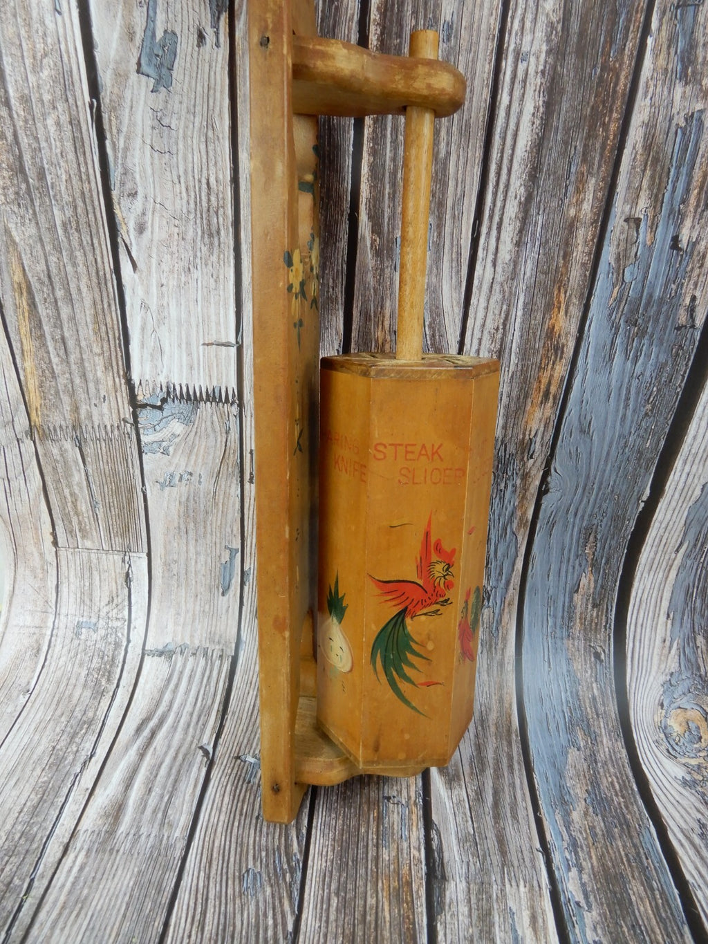 Vintage Wood Knife Holder Rack Wall Mount Kitchen Roosters & Chef Made in Japan