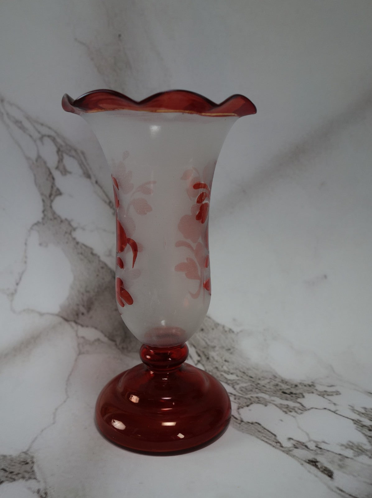 Vintage Bohemian Czech Ruby Red flashed Hand Blown Art Glass 7-1/2” Vase