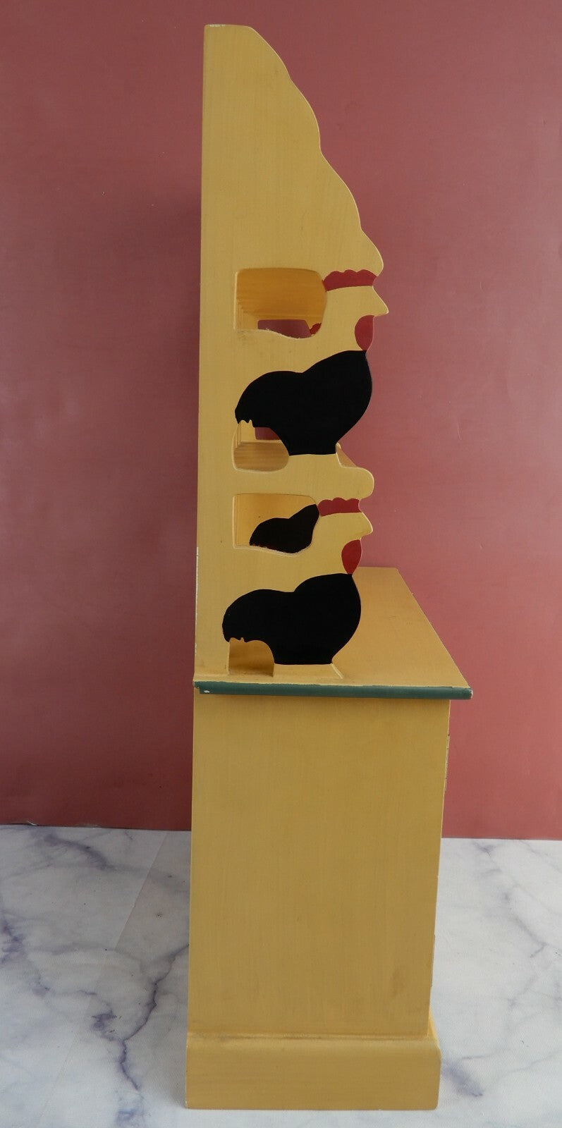 Vtge Small Wood Toy Plate Rack with 2 Shelves,2 Doors Hand Painted w/ Chickens