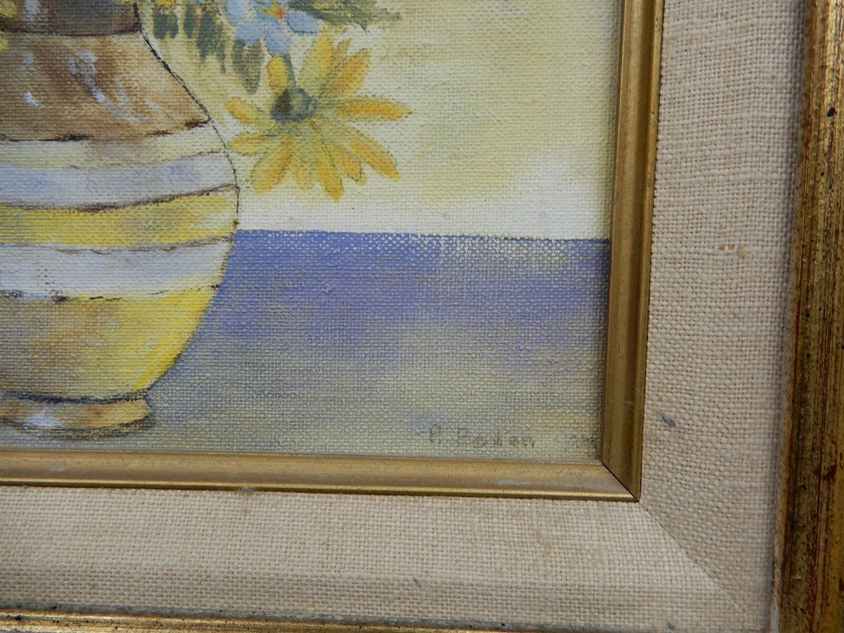 Vintage Oil Paint with Daisy Flowers in a Wood Frame