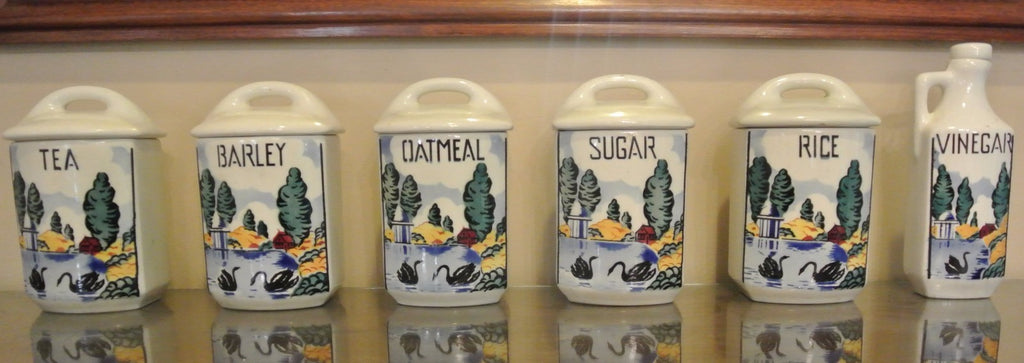 6 Vintage Czech Bohemian Ceramic Yvonne Canister Set with Beautiful Scenery