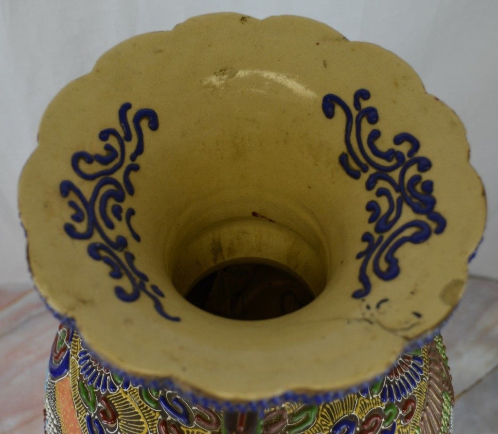 Antique c. Meiji Japanese Moriage Satsuma Detail Handpainted Vase,25" Tall