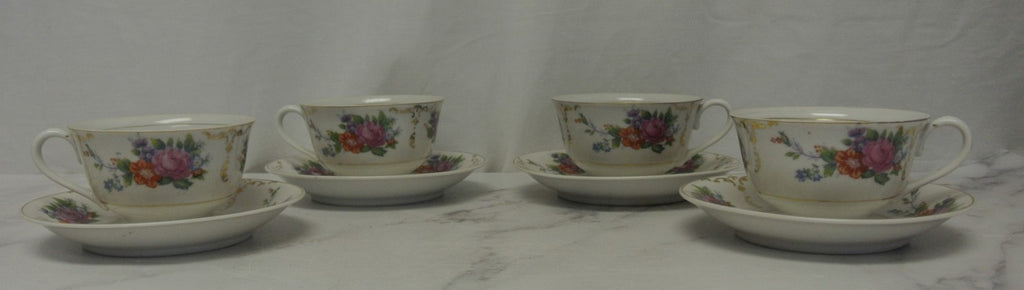 Set of 4 Vintage Ceramic Floral Cups & Saucers Bright White With Floral Design