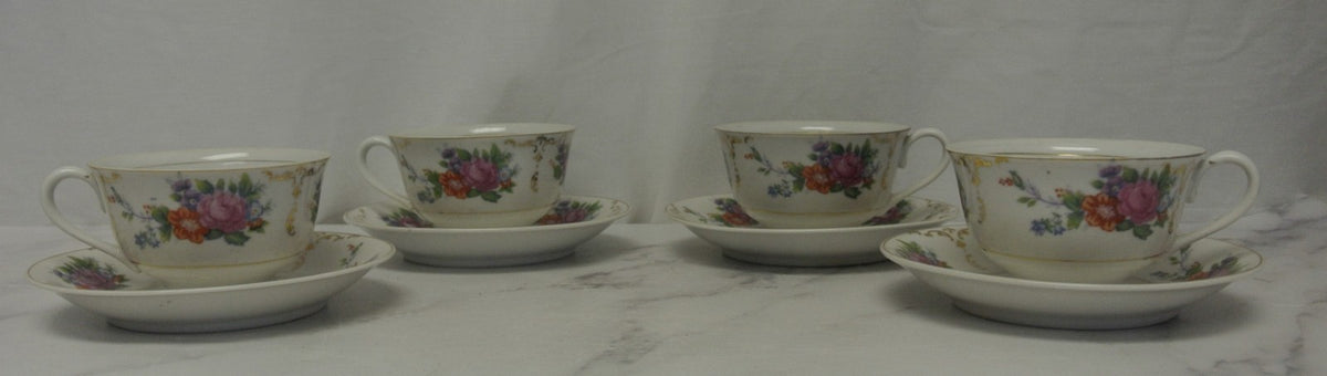 Set of 4 Vintage Ceramic Floral Cups & Saucers Bright White With Floral Design
