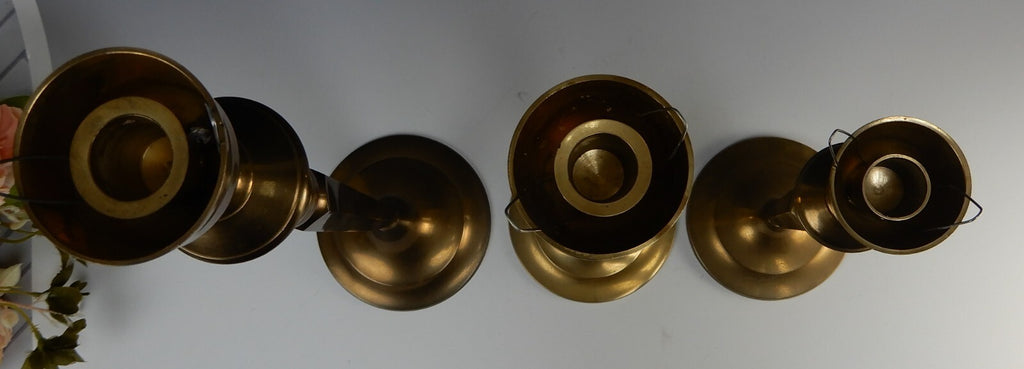 Three Vintage Brass Tiered Candle Holders W/Glass Shades 21-3/8", 19-1/4", 16"