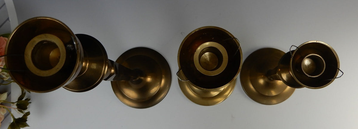 Three Vintage Brass Tiered Candle Holders W/Glass Shades 21-3/8", 19-1/4", 16"