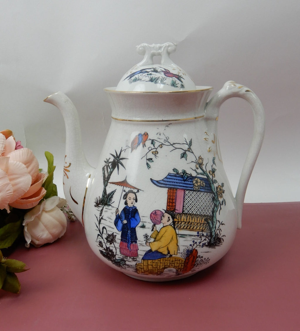 Antique Crazed and Stain White Ironstone Transferware Coffee Pot