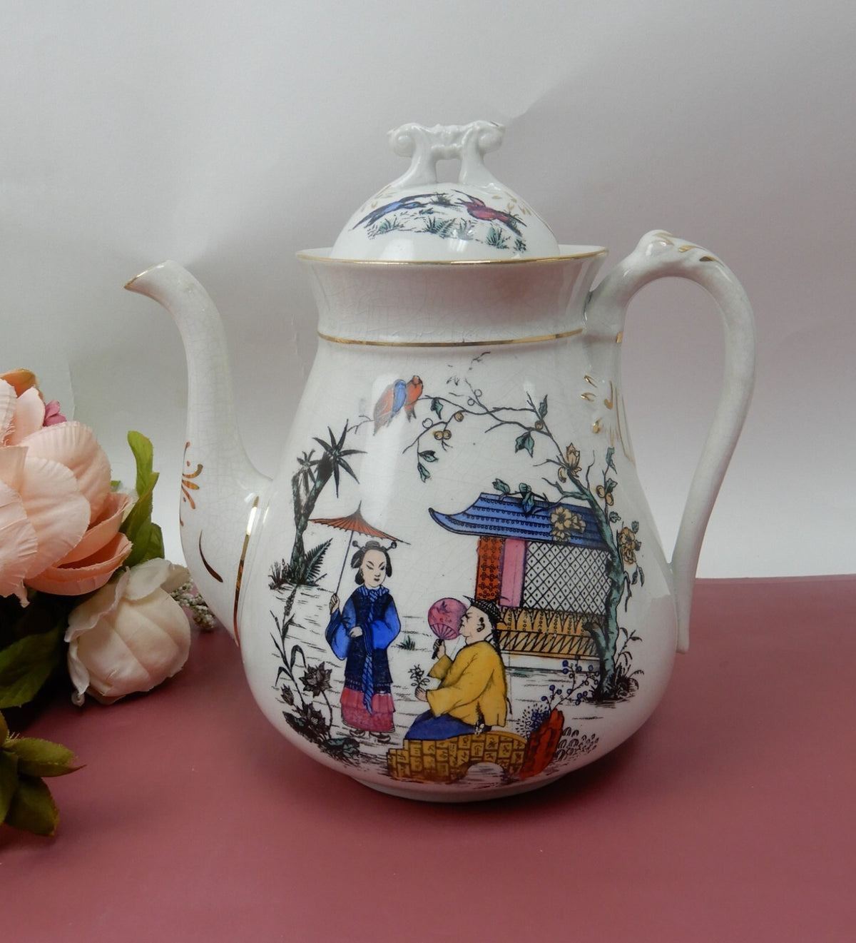 Antique Crazed and Stain White Ironstone Transferware Coffee Pot