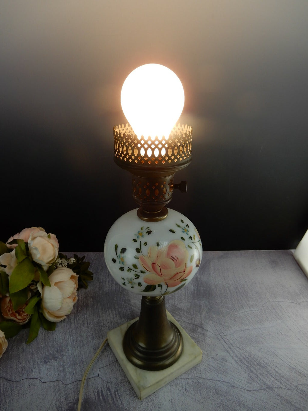 Vintage Marble Base Table Lamp Milk Glass Hand Painted Flower