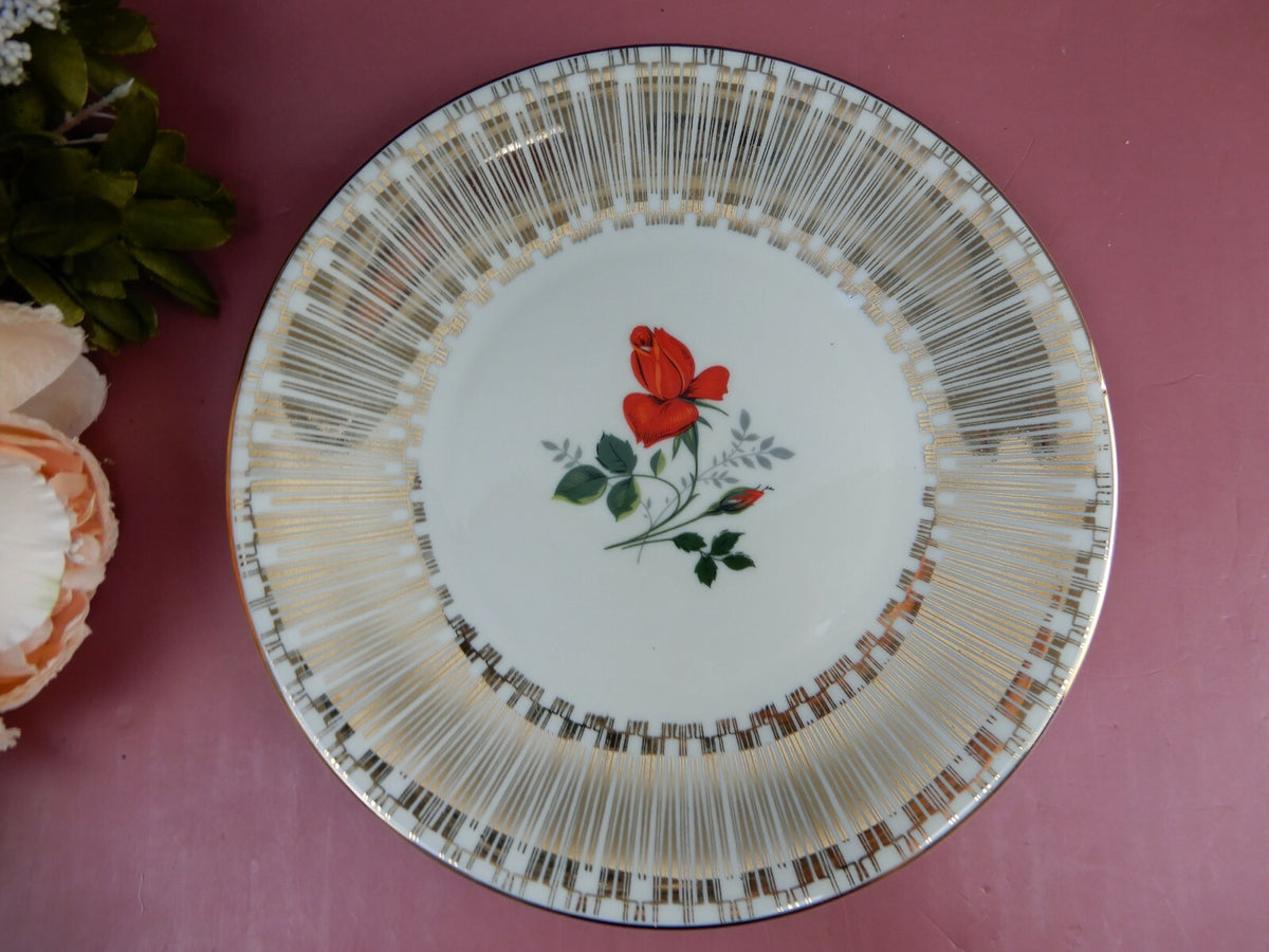 Vintage Beige Tea Set Cup Saucer Dessert Plate Rose Bottom Gold Accent