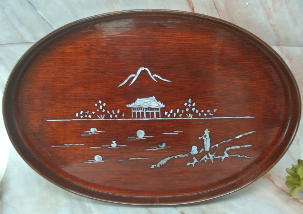 Vintage Oval Wood and Mother of Pearl Tray 18" Long