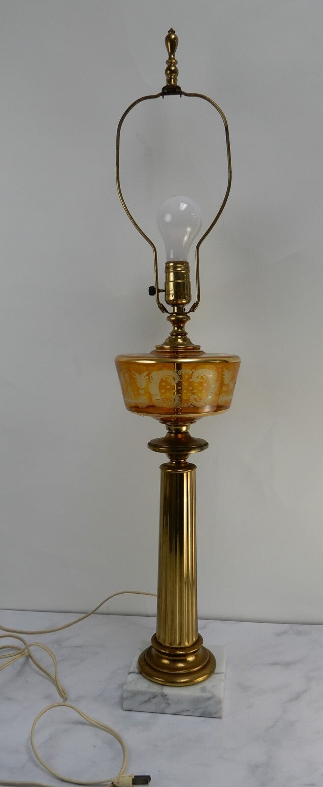 Vintage Czech Bohemian Amber Glass Etched W/ Brass Pilar Table Lamp Marble Base