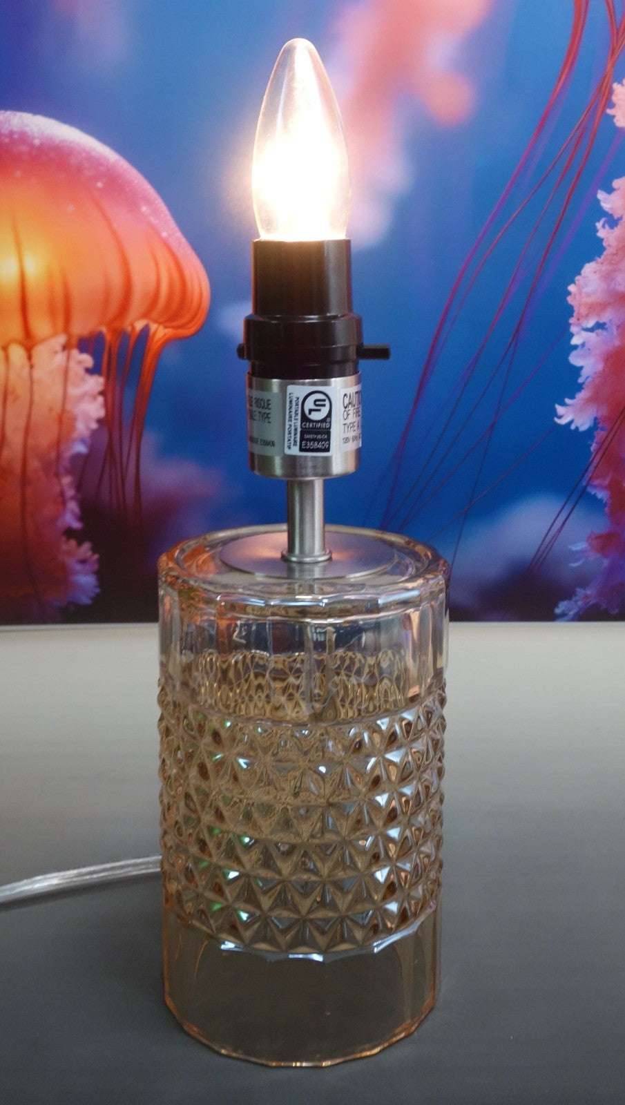 Diamond Point Glass Cylindrical Amber Color Accent Table Lamp with Fabric Shade