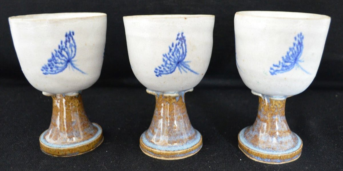 3 Pottery Goblets/Chalice-Drip Glaze-with Earthtones Unsigned