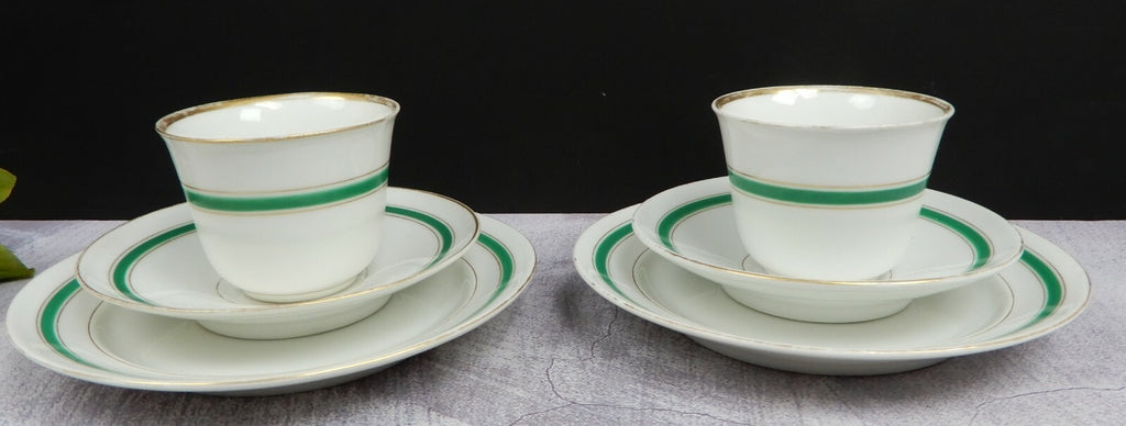 Two Set Antique White,Green and Gold Trim Tea Set Trio Cup,Saucer,Dessert Plate