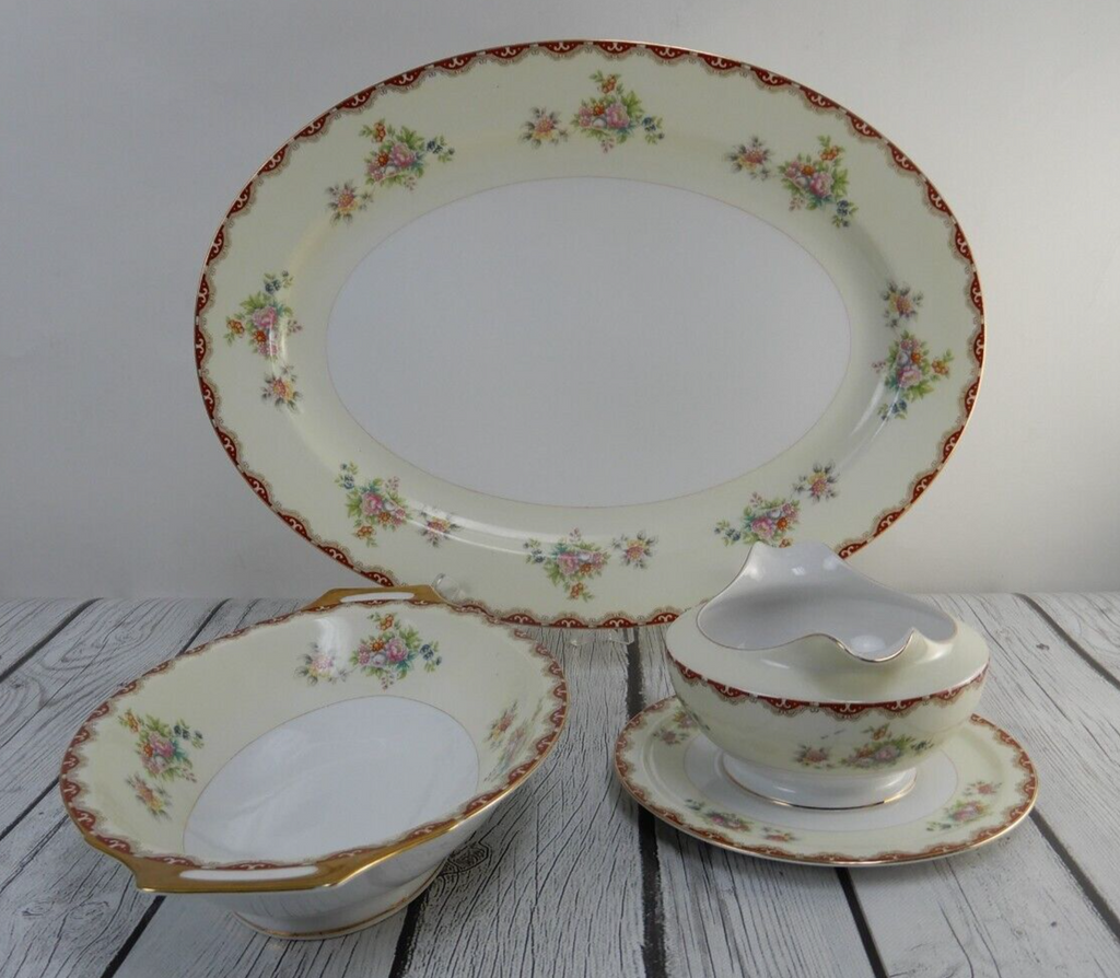 Set of 3 Pc. Meito China Floral Japan Platter,Serving Bowl,Gravy Bowl WITH CHIPS