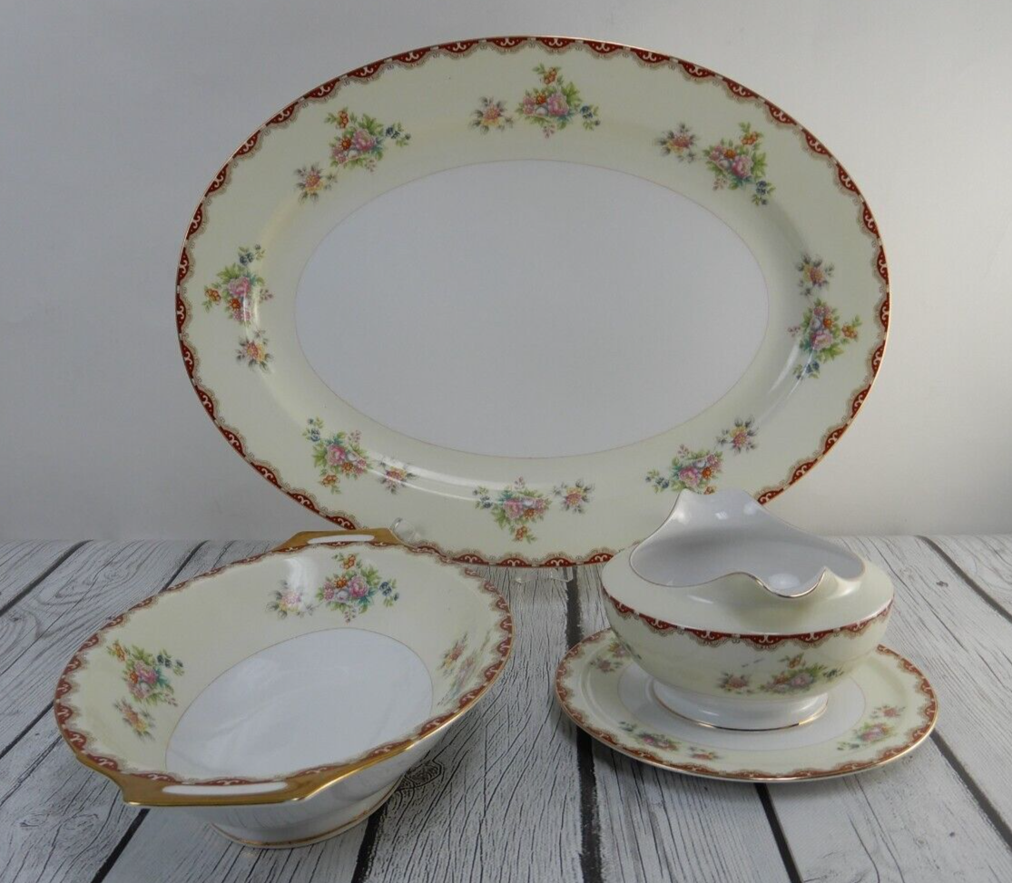 Set of 3 Pc. Meito China Floral Japan Platter,Serving Bowl,Gravy Bowl WITH CHIPS