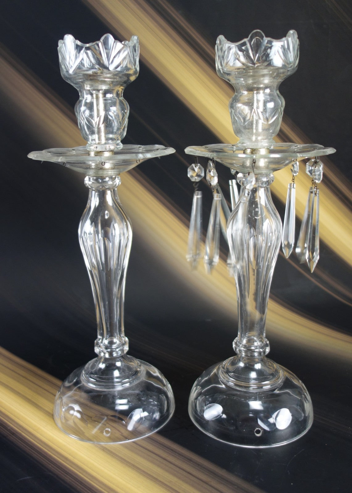 2 Glass Table Lamps /Candle Holders One W/ Hanging Crystals For parts or Repair