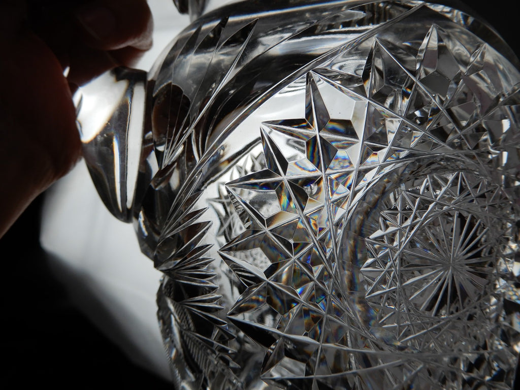 American Brilliant Period ABP Heavy Crystal Cut Glass Hobstar,Fan Notched Handle