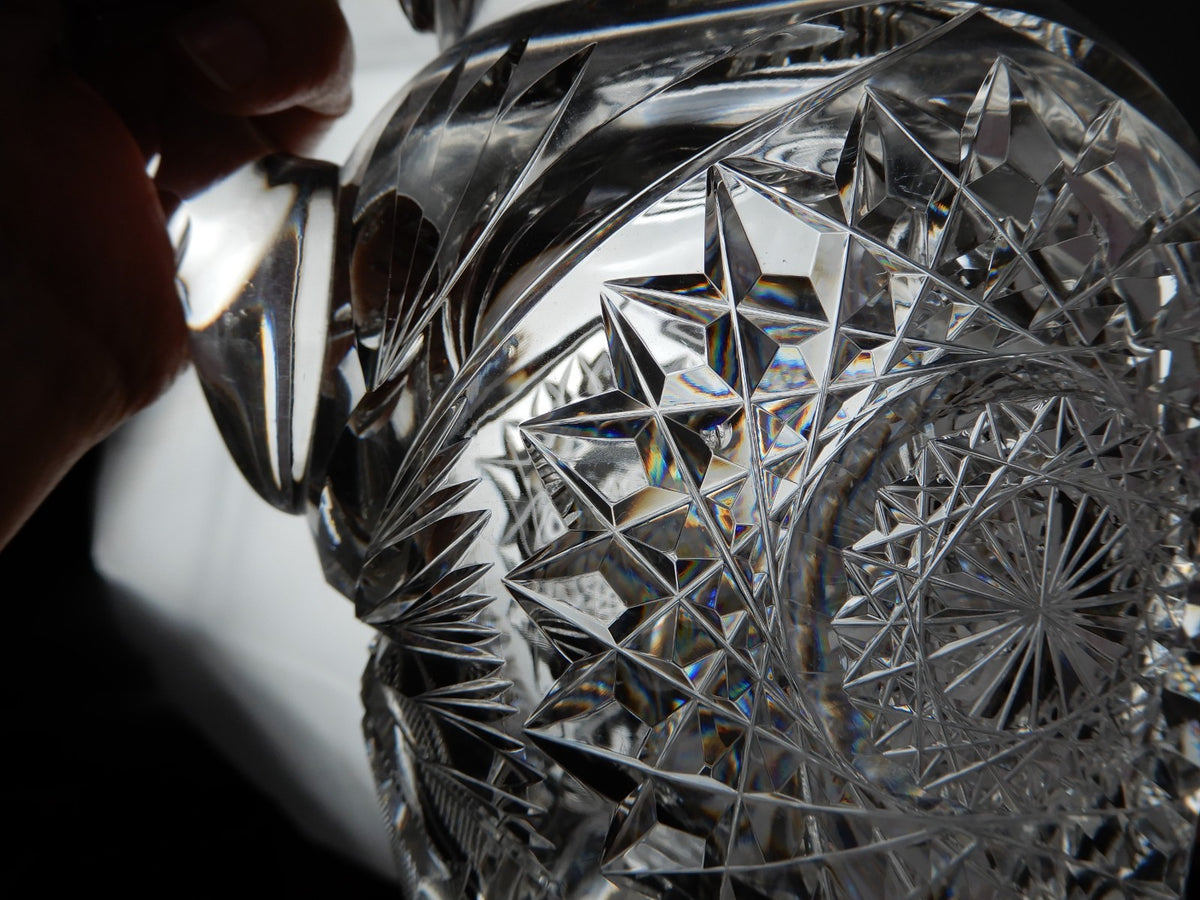 American Brilliant Period ABP Heavy Crystal Cut Glass Hobstar,Fan Notched Handle