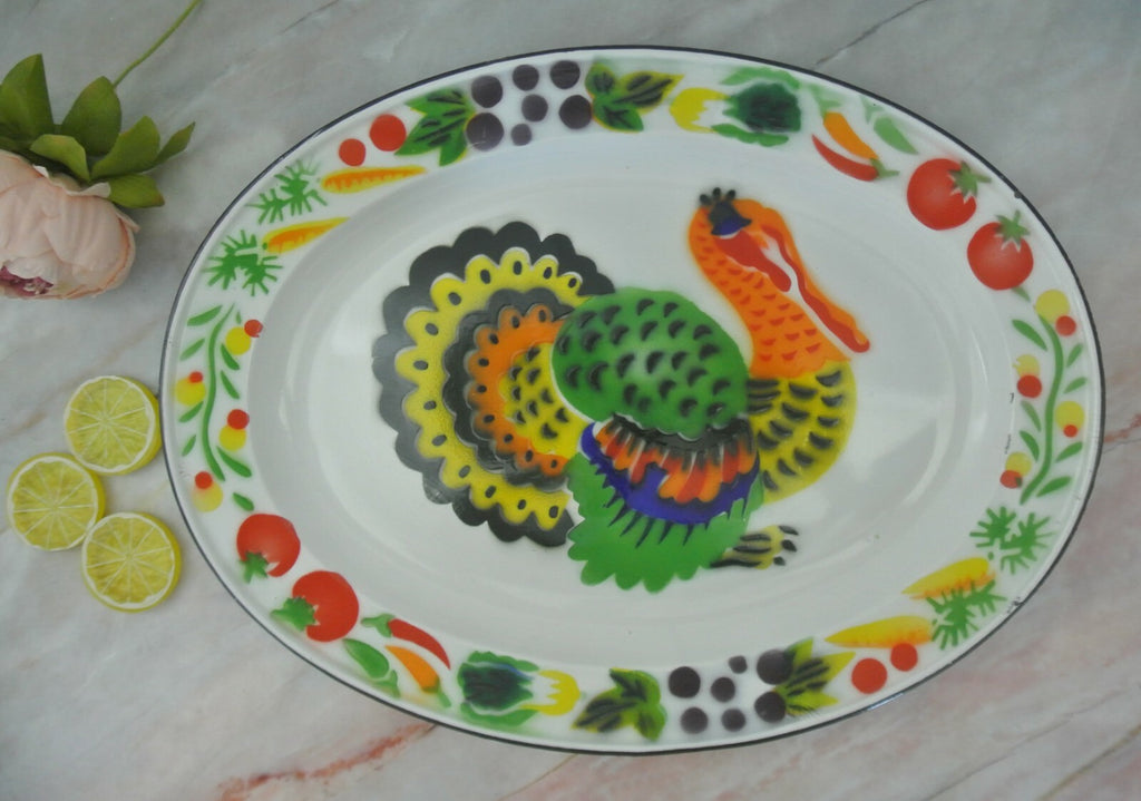 Vintage Thanksgiving Enamelware Turkey Platter 17-5/8" Long