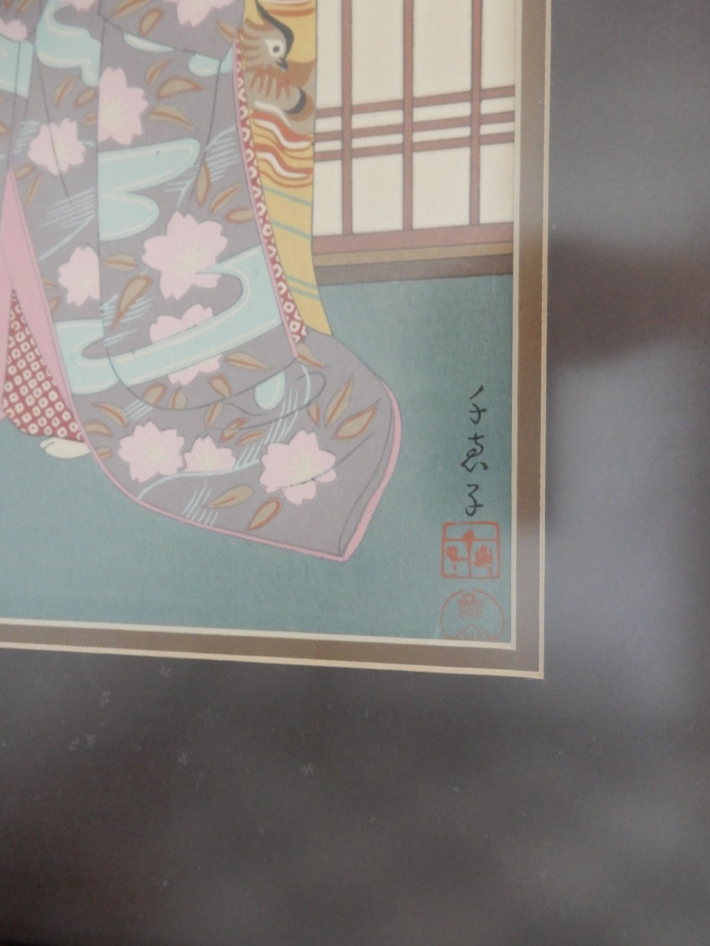 Vtg. Framed Maiko and Byodoin Print in Fuki-bokashi Woodwork Japanese Technique