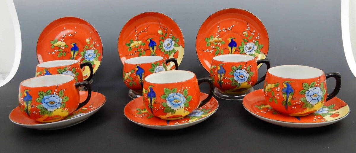Set of 6 Chikaramachi Japan Hand Painted Bird Asian Florals Cup and Saucer