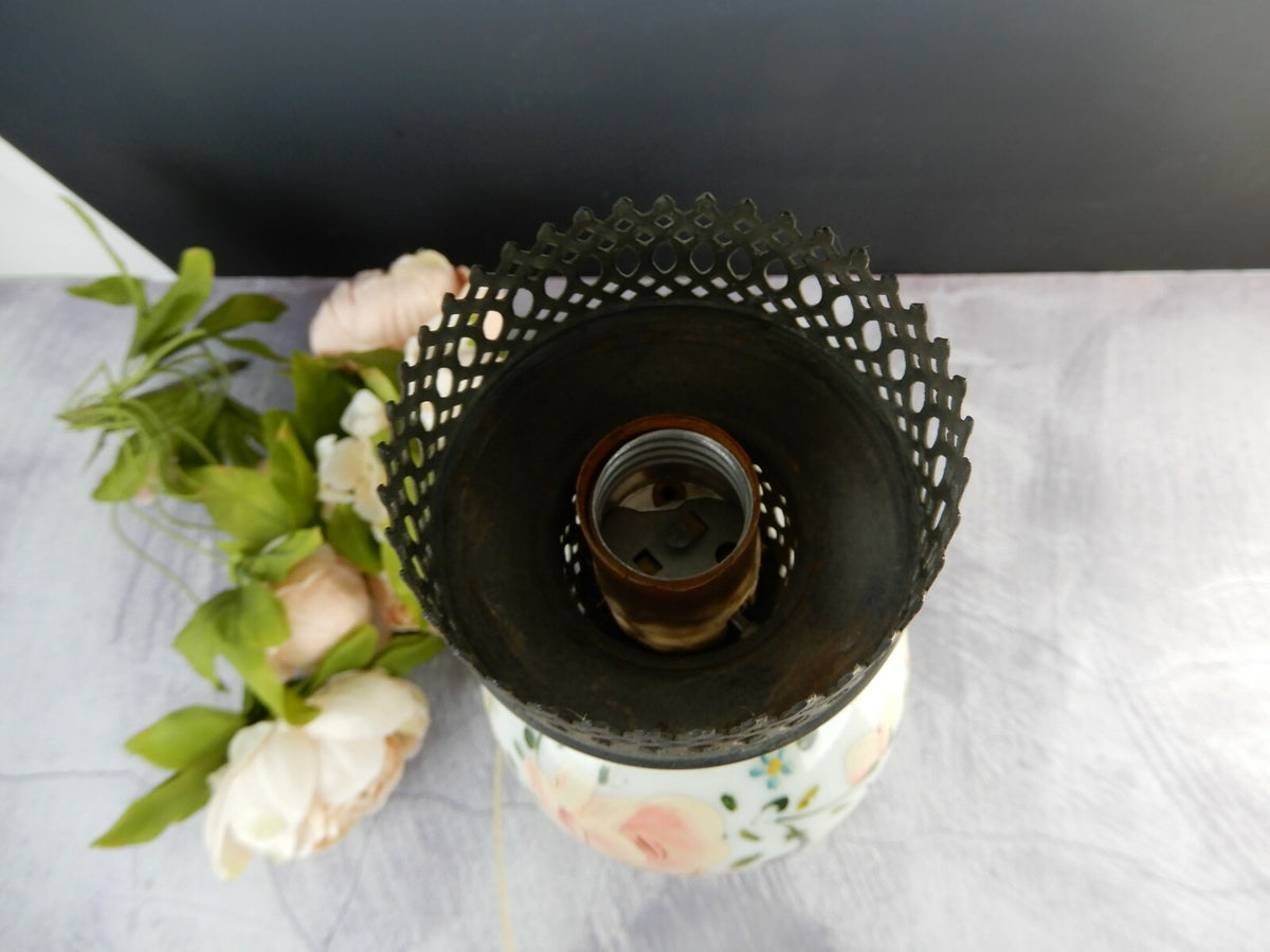 Vintage Marble Base Table Lamp Milk Glass Hand Painted Flower
