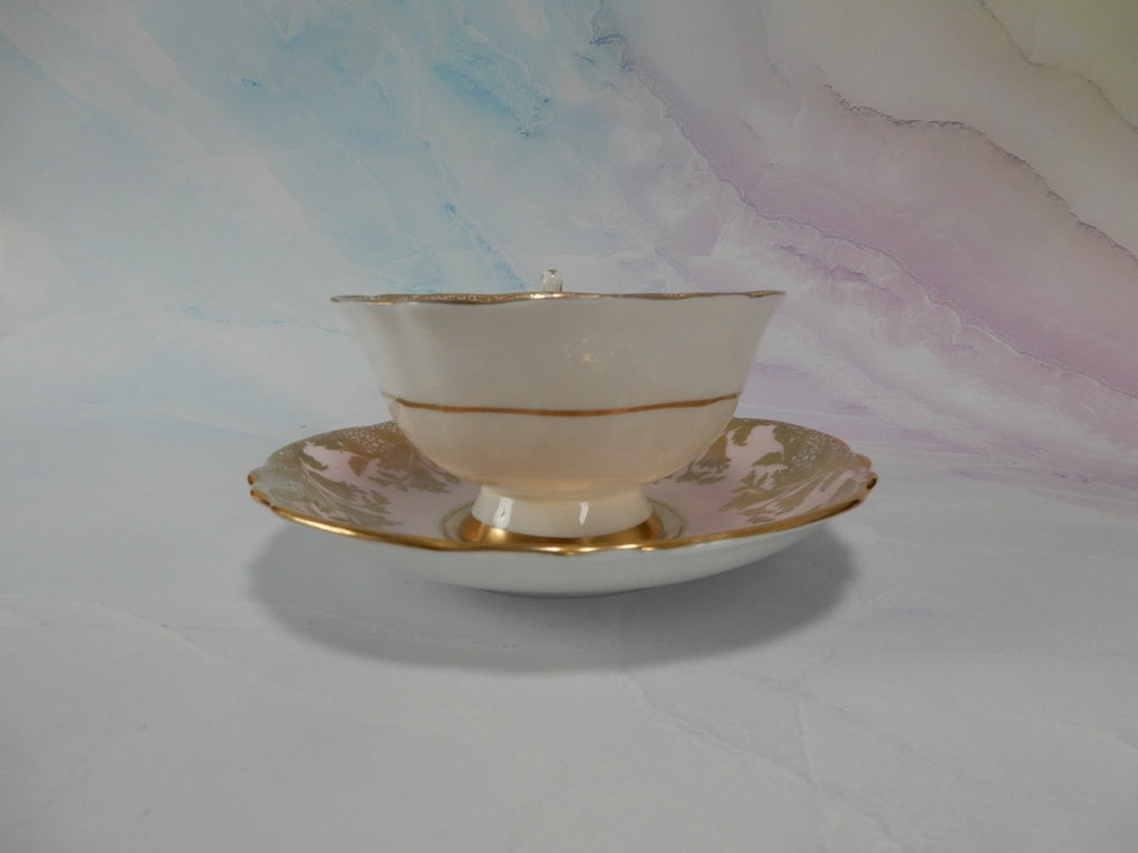 Paragon “ HM The Queen & HM Queen Mary” Light Pink Gold Filigre Cup And Saucer