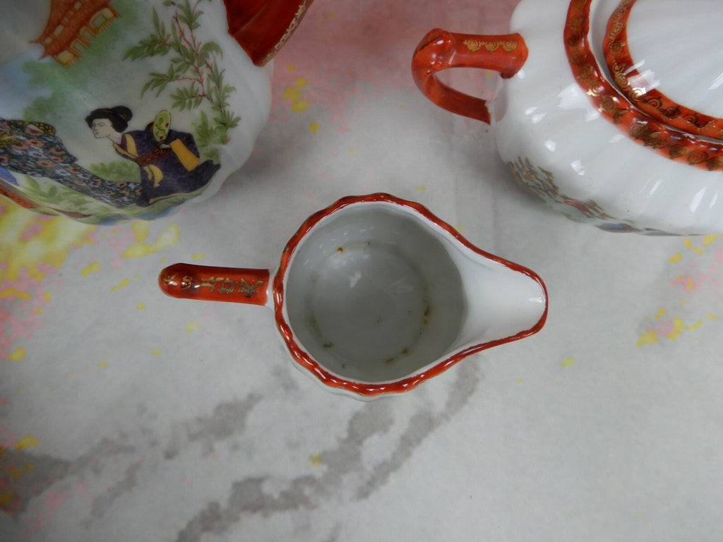 Vintage Children's Pot,Sugar Bowl,Creamer,5 Cups and Saucers w/ Geishas Red Mark