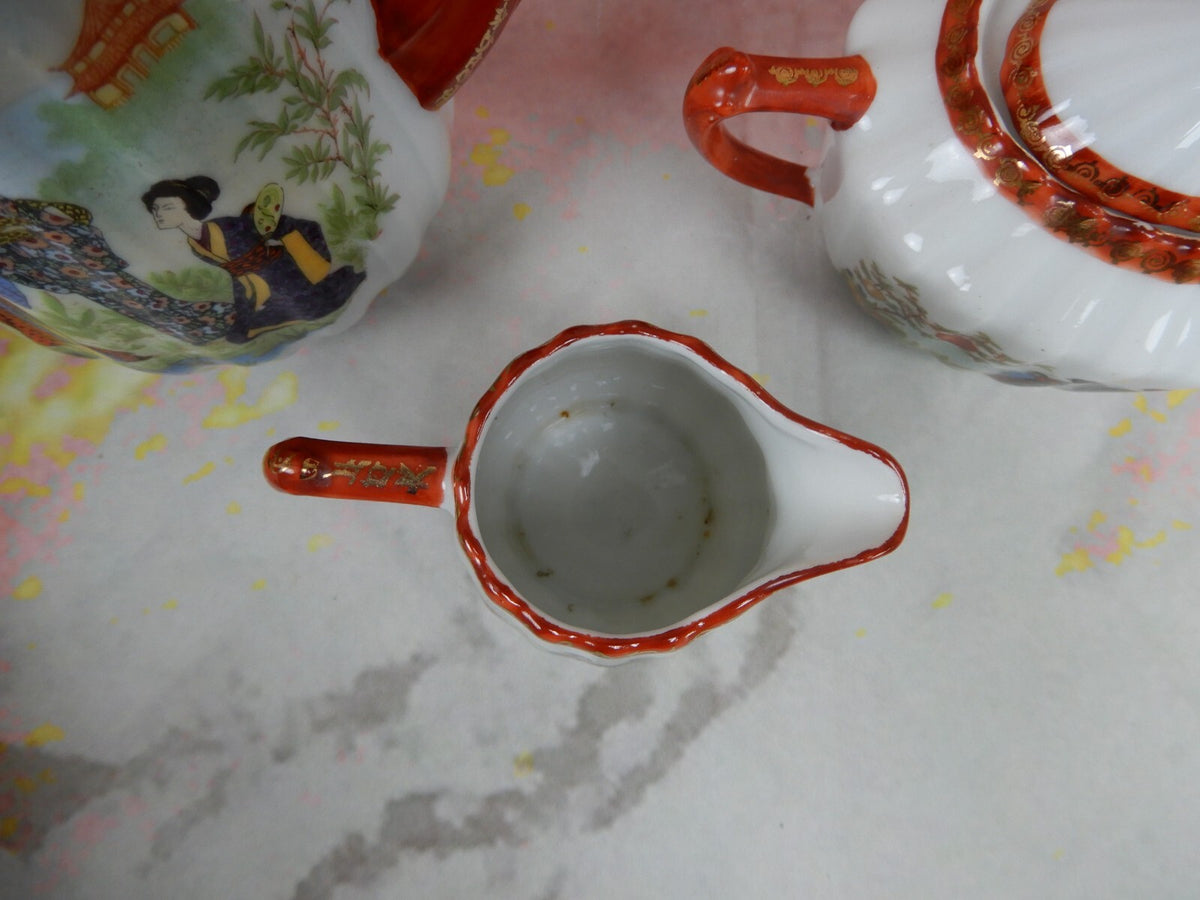 Vintage Children's Pot,Sugar Bowl,Creamer,5 Cups and Saucers w/ Geishas Red Mark