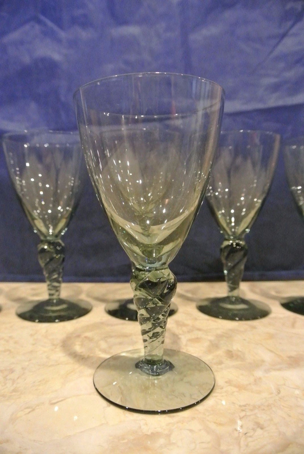 Set of 6 Smoky Blue Wine Glasses with twisted stem