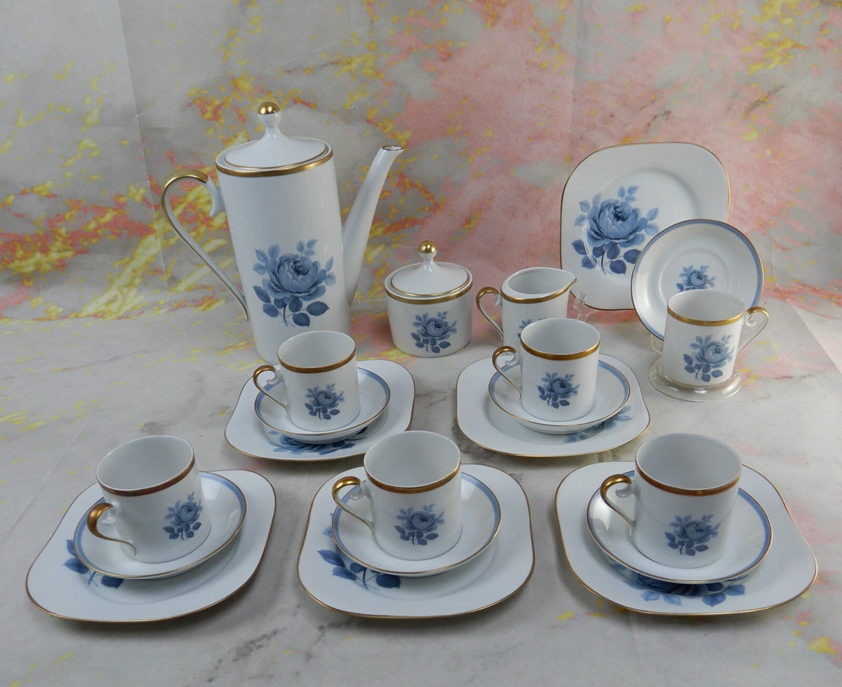 21 Set of Sweden Hackefors Porslin with Blue Roses Espresso Coffee Set For Six