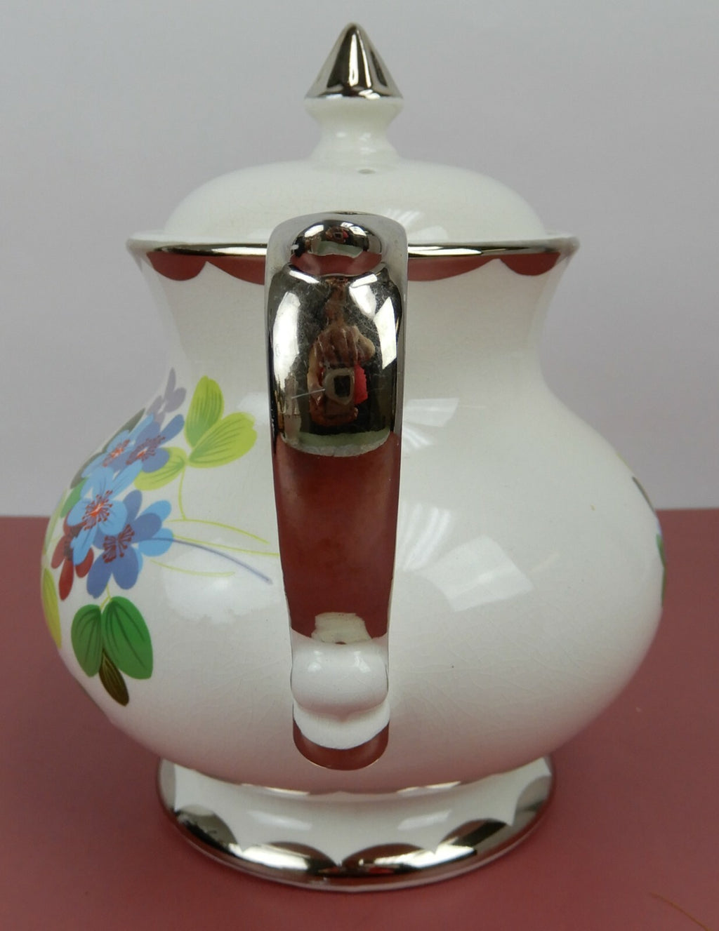 Vintage Gibson Staffordshire Tiffany Teapot Silver Trim, Floral Design